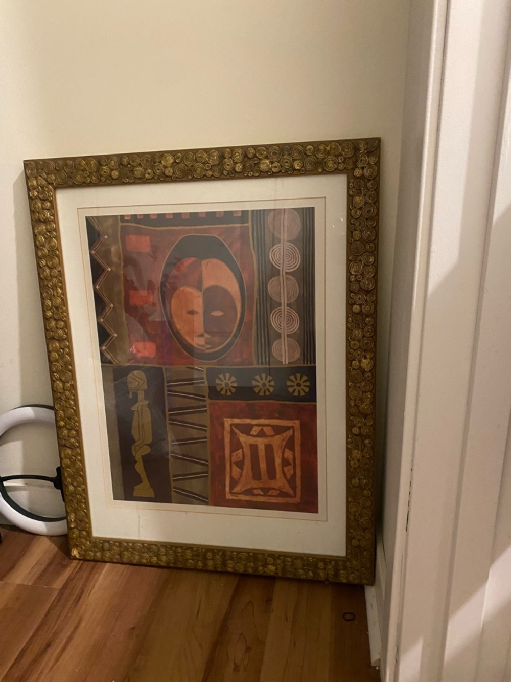 Framed Abstract Tribal Mask Art - Warm Red & Gold Tones